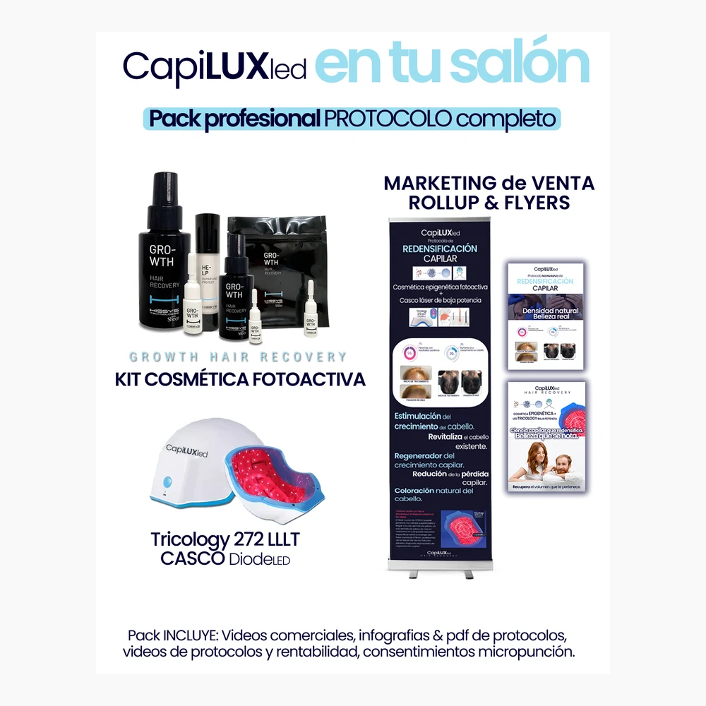 Kit completo CapiLUXled con casco, cosmética fotoactiva y materiales para el centro